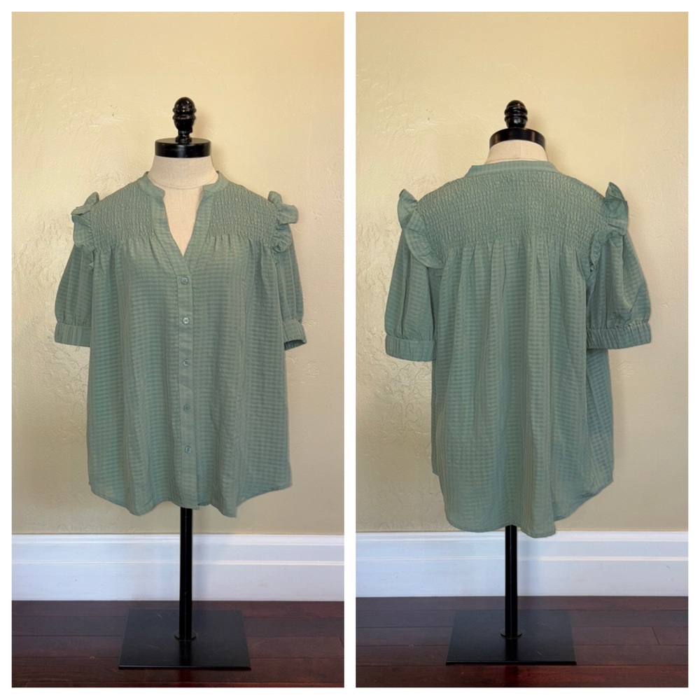 Ann Taylor Gingham Smocked Yoke Top Dark Sage Green Size Medium